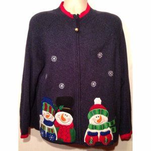 Ugly Christmas Party Snowman Cardigan Zip Sweater Navy XL Tiara International